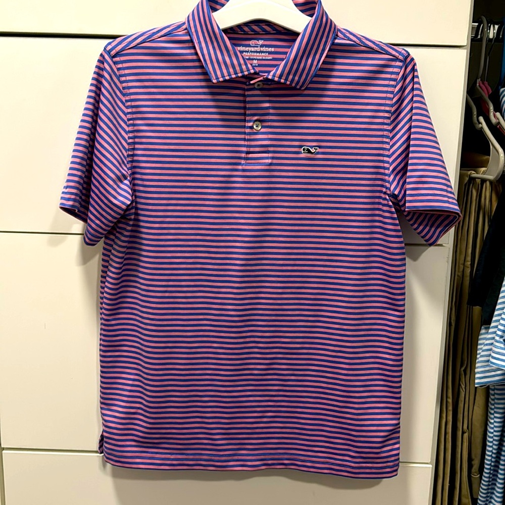 Boys Vineyard Vines Performance polo. Blue and pink striped. Size Medium.